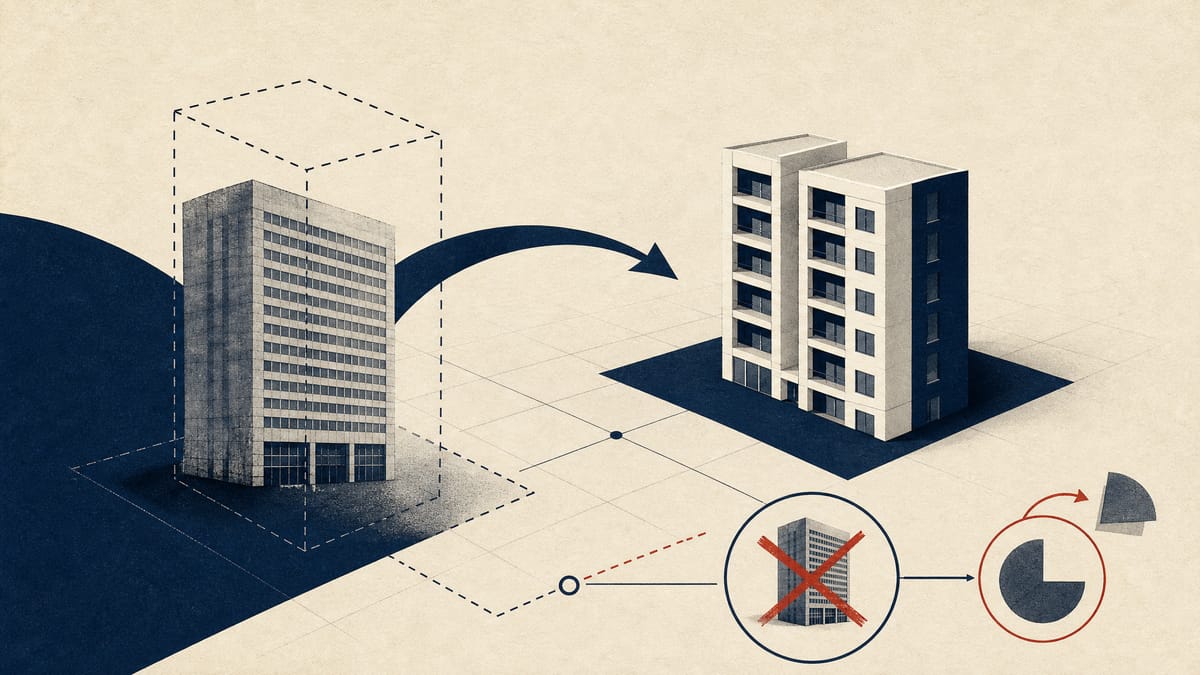 Editorial illustration of office and apartment assets being rotated in a REIT portfolio with data lines and buyback symbols.