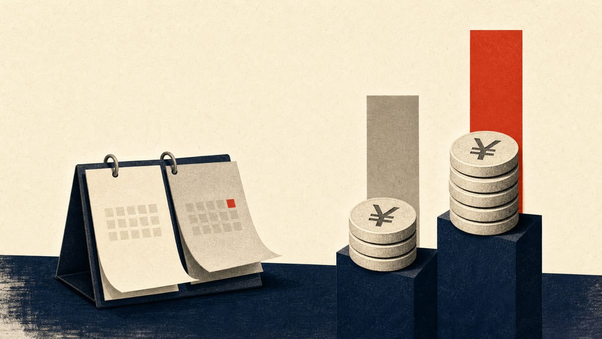 Editorial illustration of rising payout bars, yen coins and calendar markers for a delayed dividend disclosure.