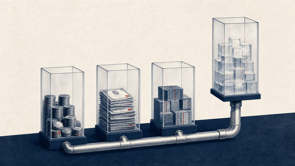 Abstract illustration of connected financial reservoirs representing trust fees, securities, loans and total assets.
