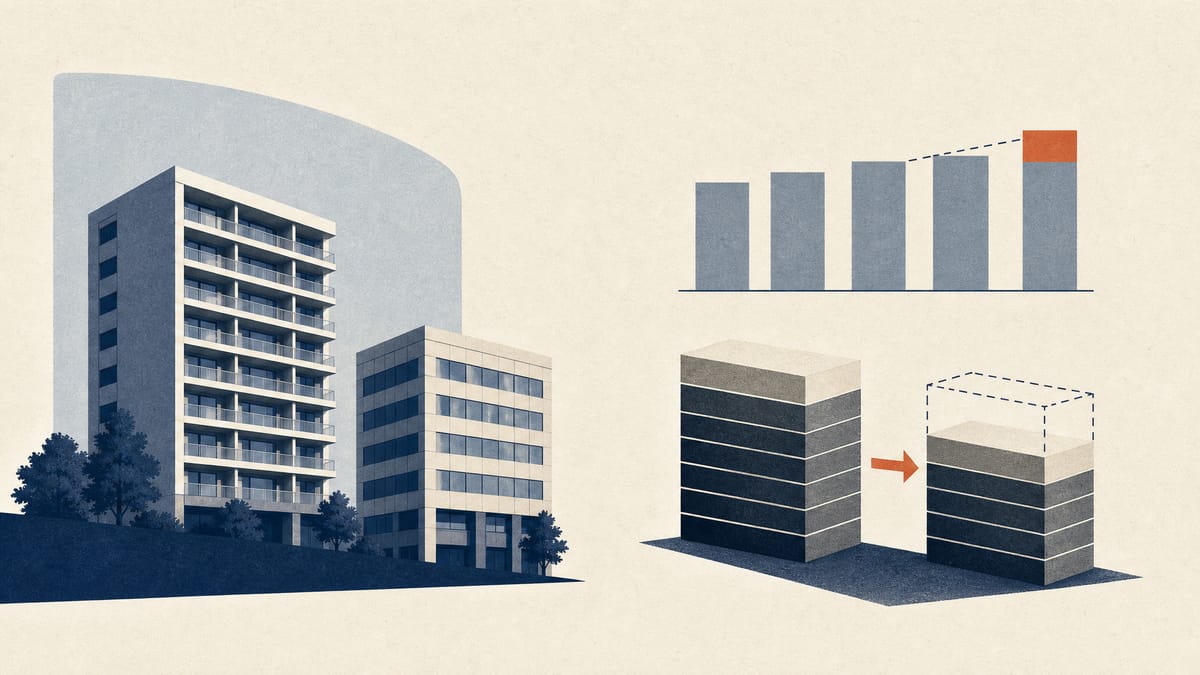 Editorial illustration of apartment and office properties with abstract unit-count and debt-repayment graphics.