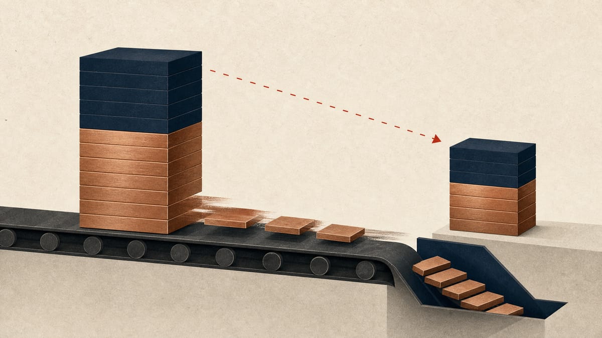 Abstract editorial image of copper-toned share blocks moving into a buyback channel, leaving a smaller but still large ownership stack.