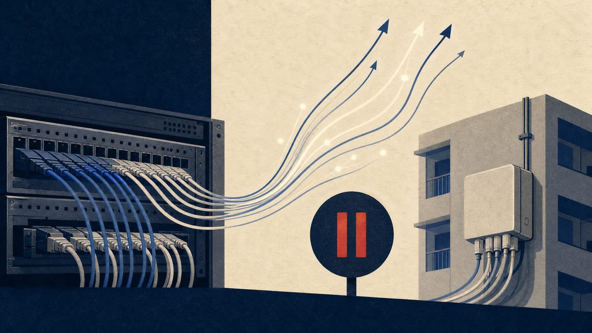 Editorial illustration of telecom network equipment and apartment broadband hardware with rising data lines and a paused status light.