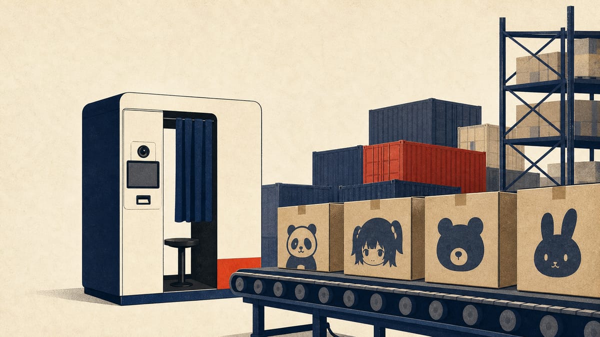 Illustration of a photo sticker booth and character-goods cartons moving through a warehouse.