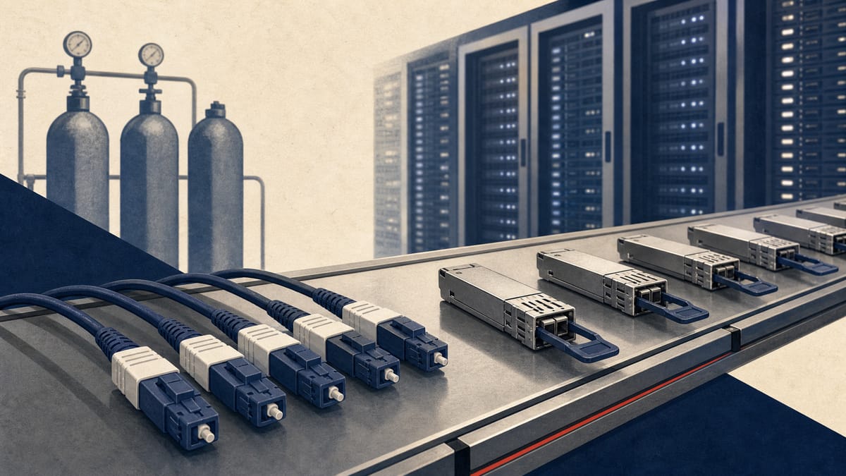 Editorial illustration of optical modules on a production line with blurred server racks and industrial gas cylinders.