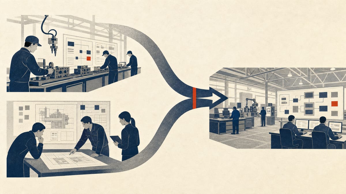 Editorial illustration of factory-improvement teams and engineers converging into one industrial operations hub.