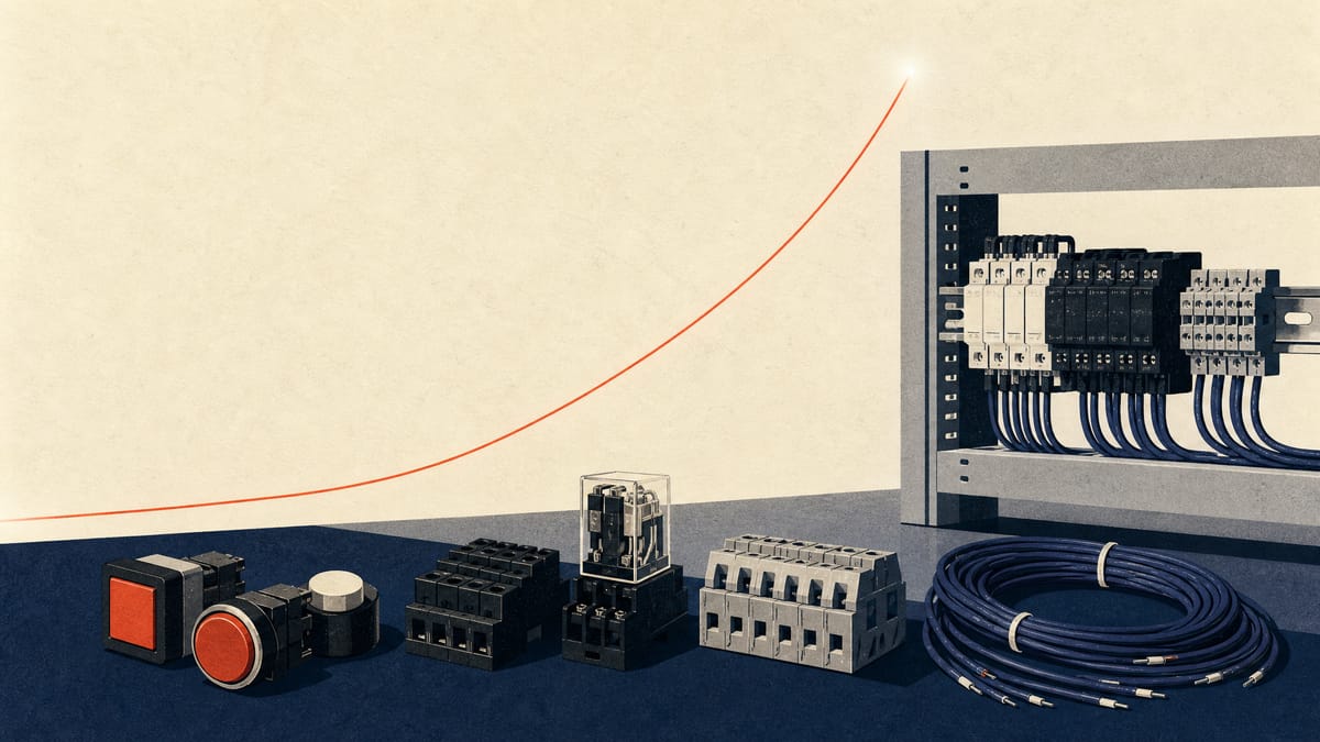 Industrial control components and a partially assembled factory control panel with an abstract upward light trace.