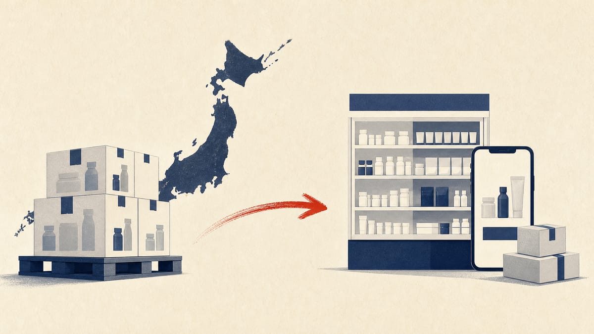 Editorial illustration of unbranded wellness products moving from import pallets to retail shelves and online shipments.