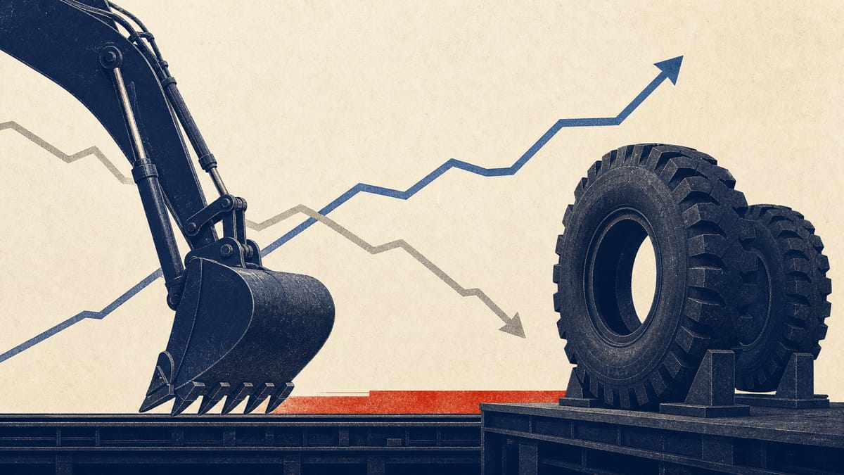 Illustration of heavy construction equipment components with one rising and one falling data line