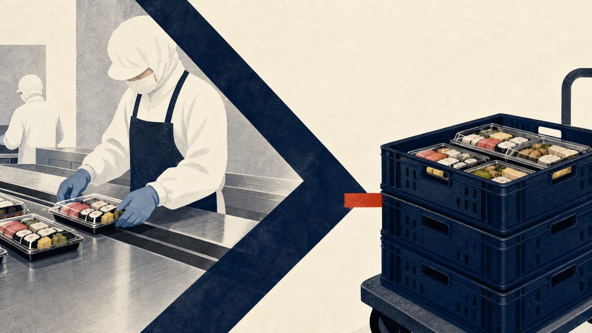 Illustration of prepared-food trays moving through a supermarket supply workflow.