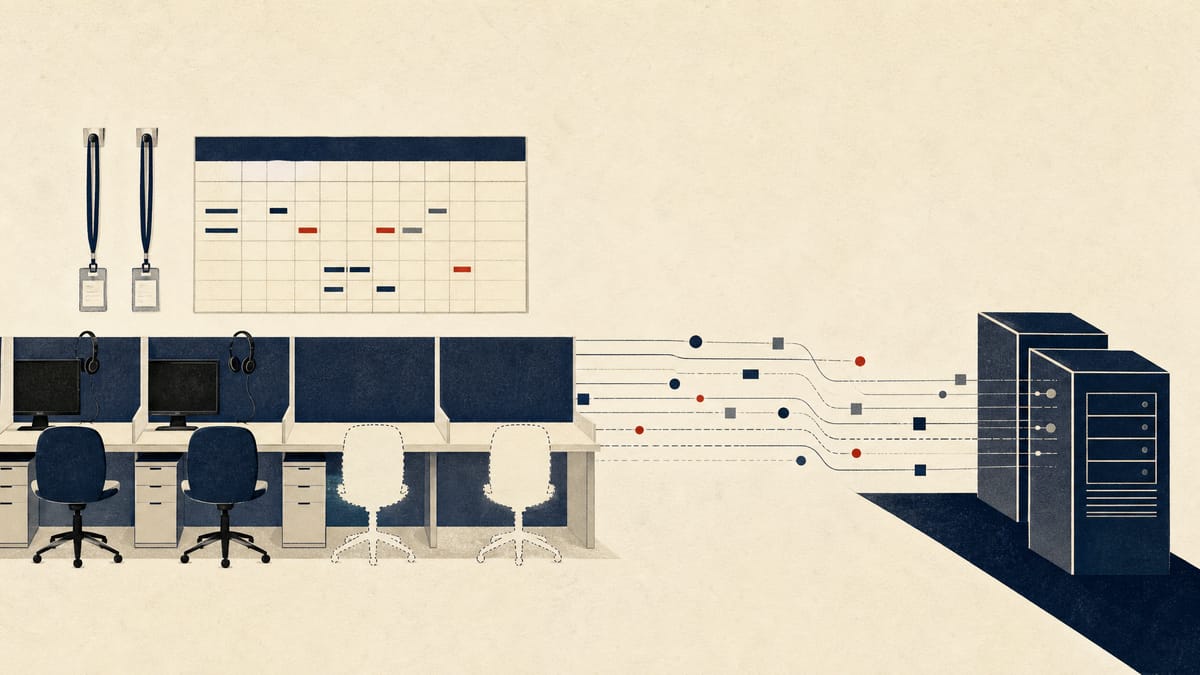 Editorial illustration of clerical workstations, a staffing board and abstract automation flows replacing routine tasks.