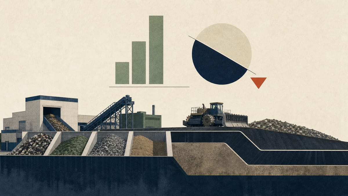 Editorial illustration of a waste-treatment facility with abstract valuation graphics suggesting ROE and price-to-book tension.