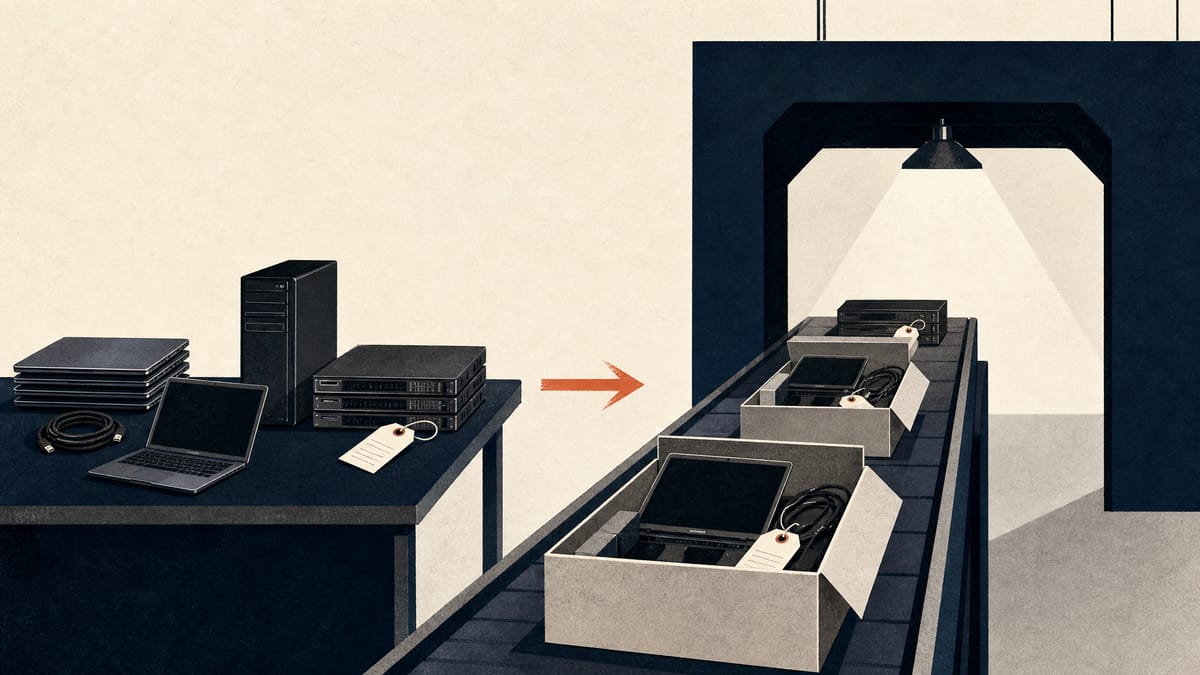 Editorial illustration of an IT equipment kitting line being consolidated into one central workflow.