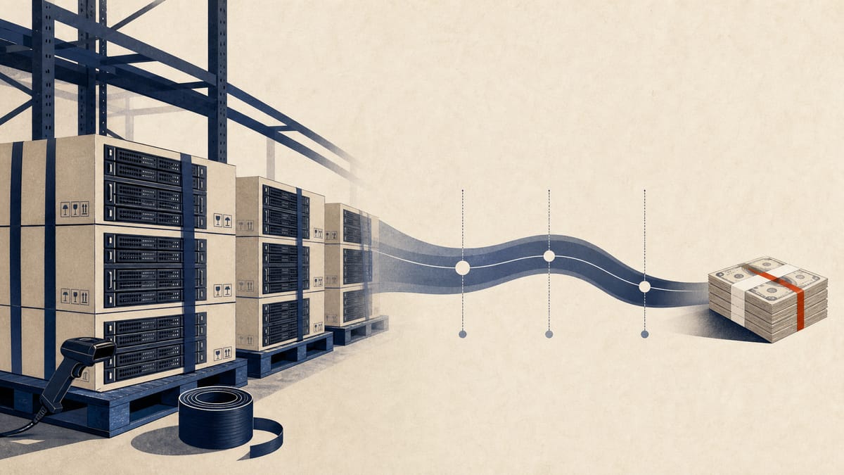 Editorial illustration of boxed server equipment in a warehouse aisle with a visual cue for short-term financing running through September.