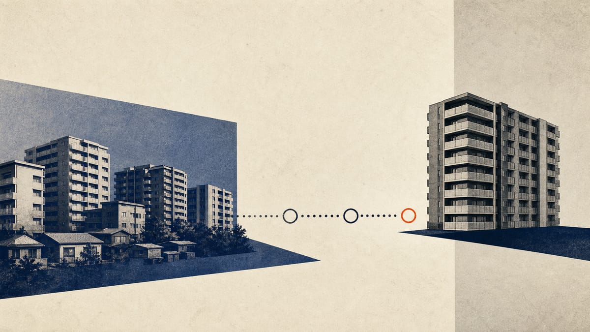 Illustration of several mid-rise apartment buildings with an abstract delayed handover timeline.