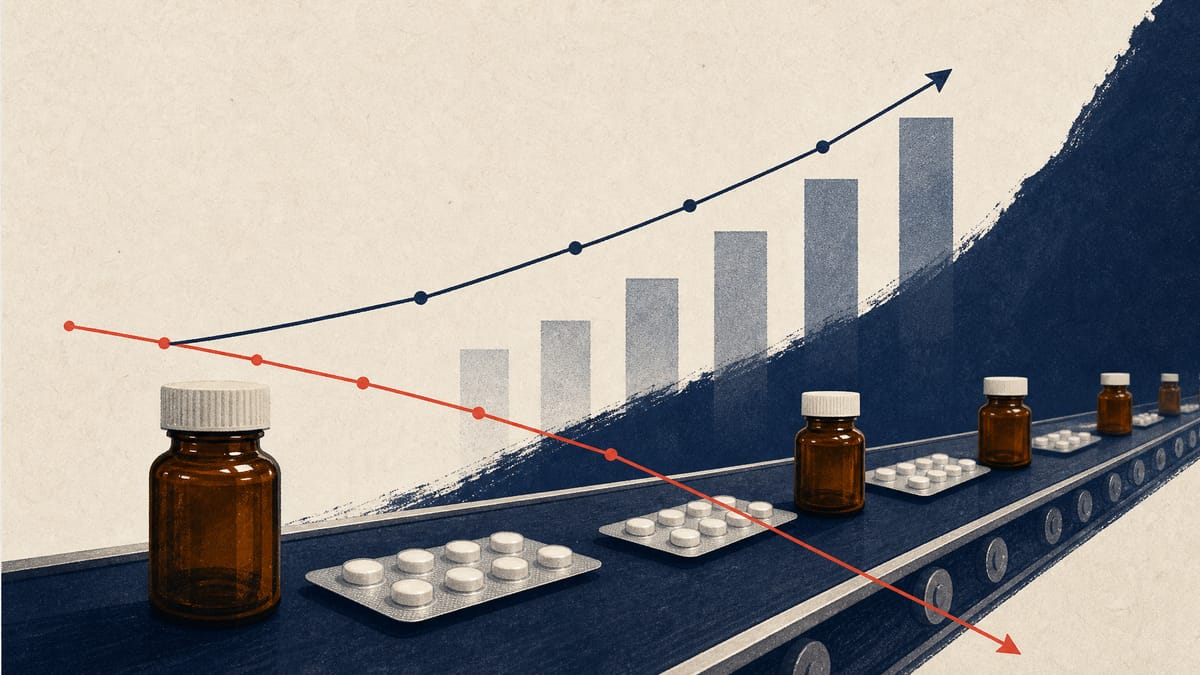 Editorial illustration of pharmaceutical products on a packaging line with rising sales graphics and a downward cash flow line.