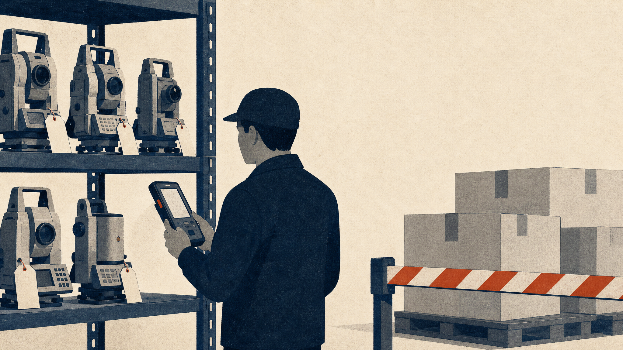 Warehouse shelves of surveying instruments being checked by serial number at a compliance checkpoint.