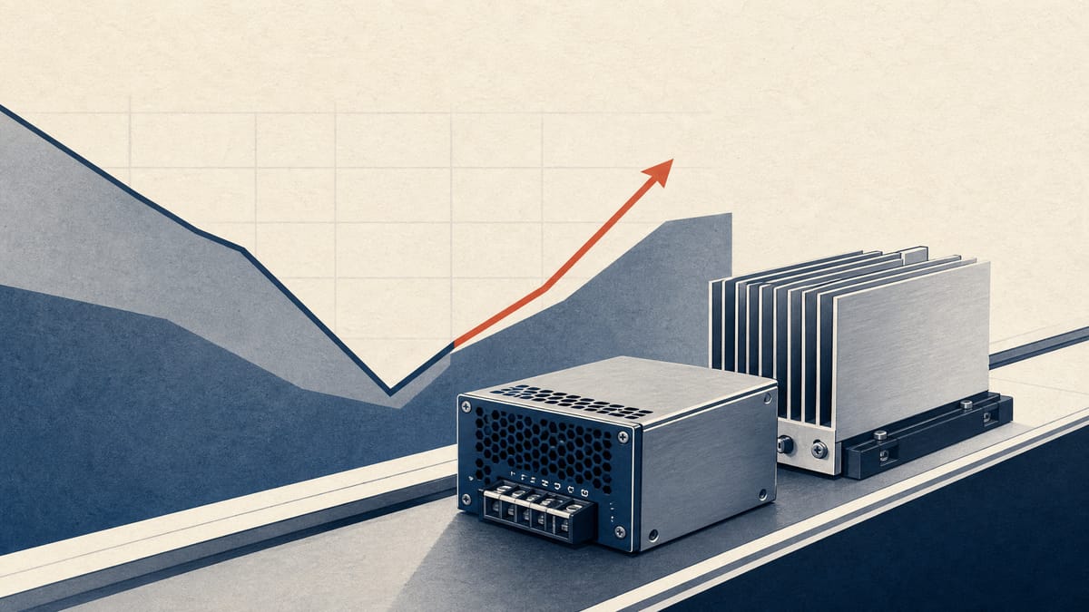Editorial illustration of industrial power-supply modules beside an abstract dip-and-rebound business chart.