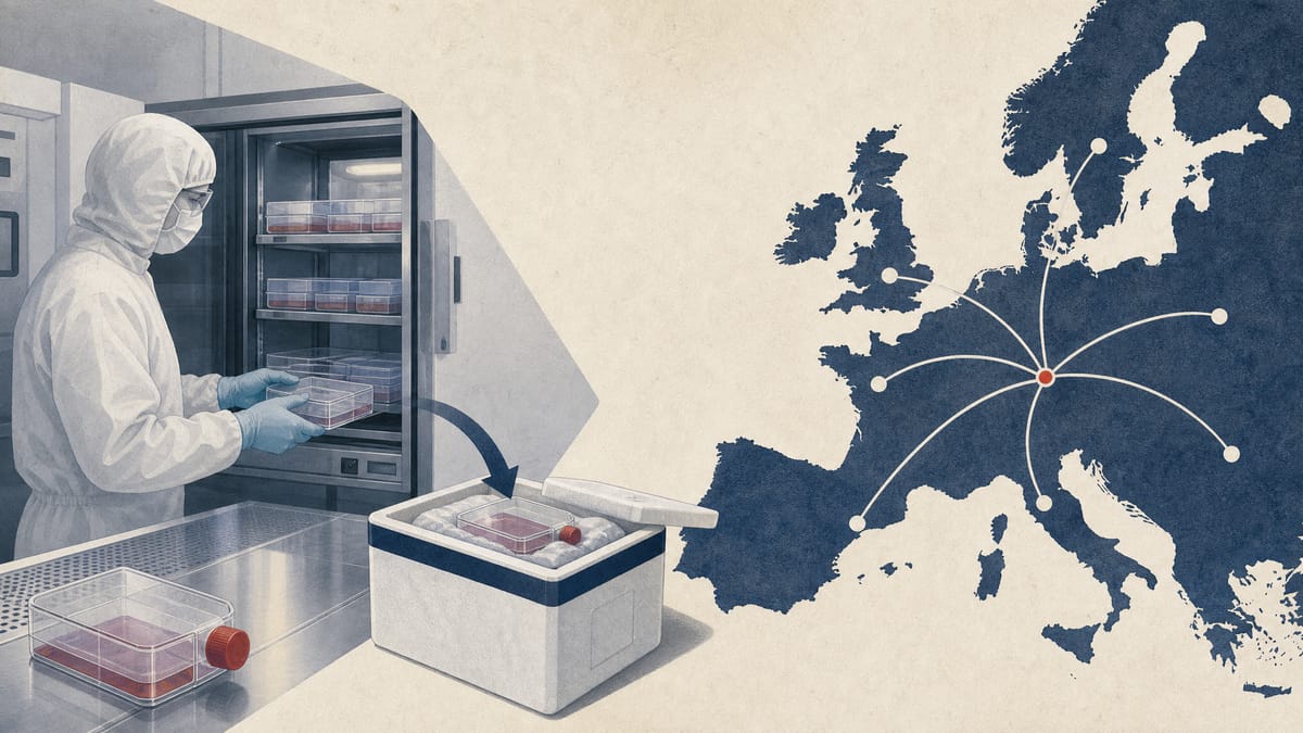 Editorial illustration of tissue-culture equipment and cold-chain shipping boxes linked to European distribution routes centered on Heidelberg.