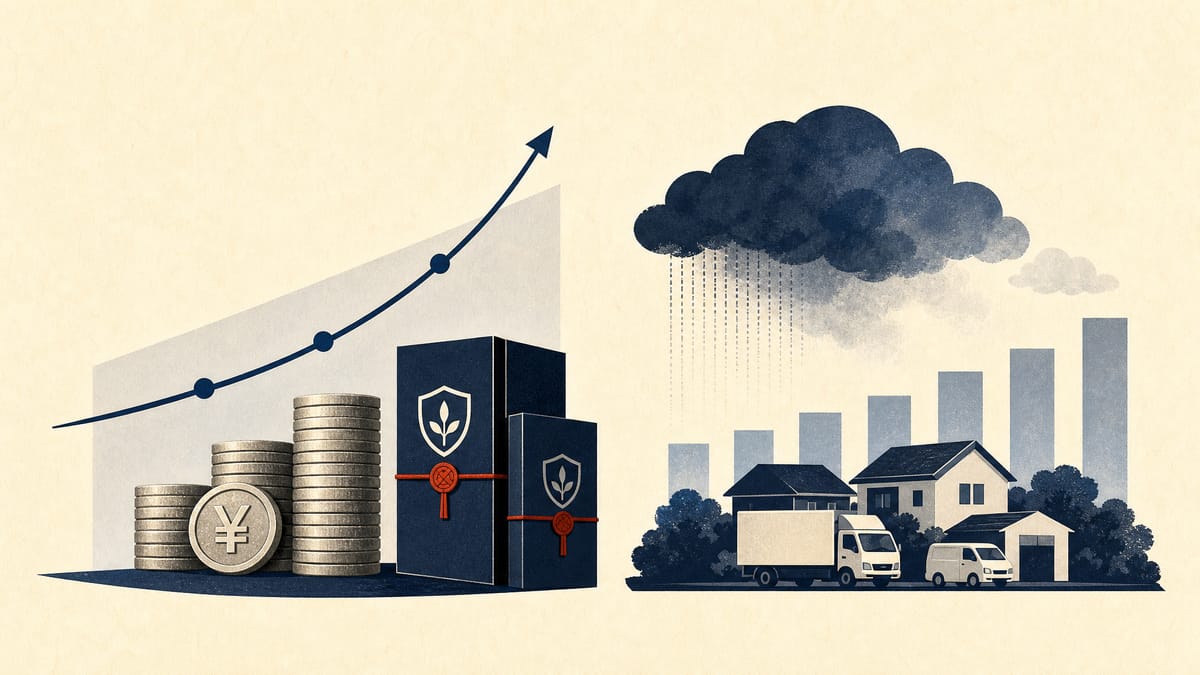 Illustration showing rising-rate income on one side and easing catastrophe claims on the other to depict Japan's insurer earnings split.