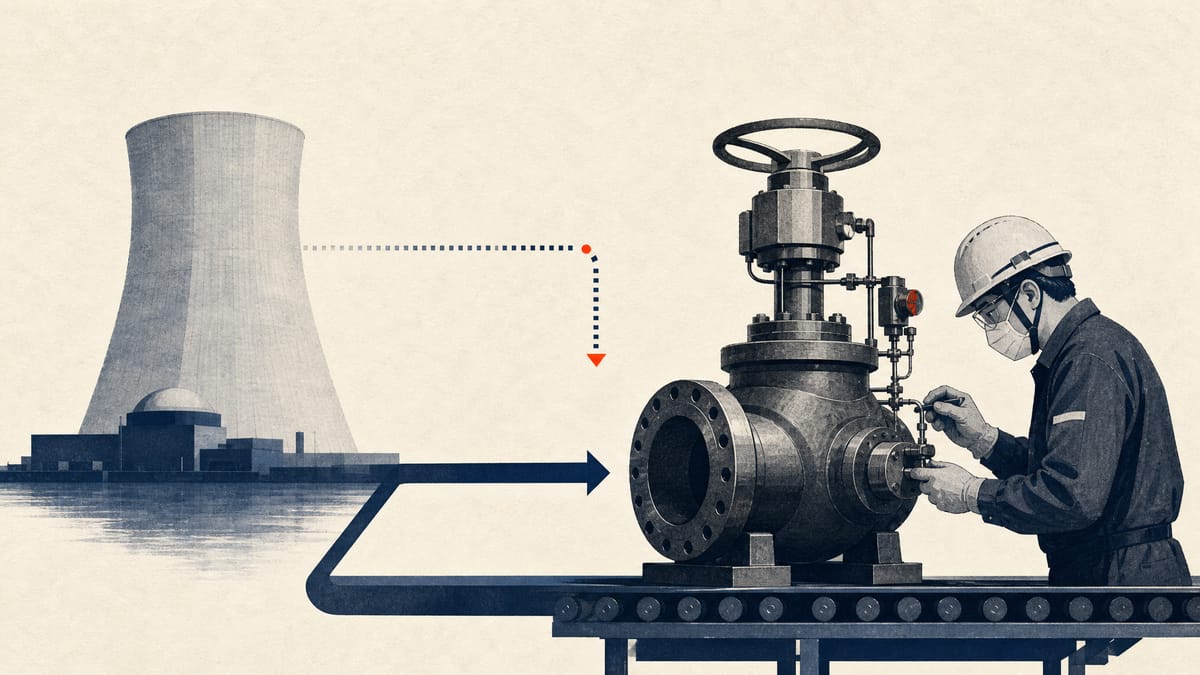 Editorial illustration of technicians inspecting heavy industrial components on a manufacturing line.