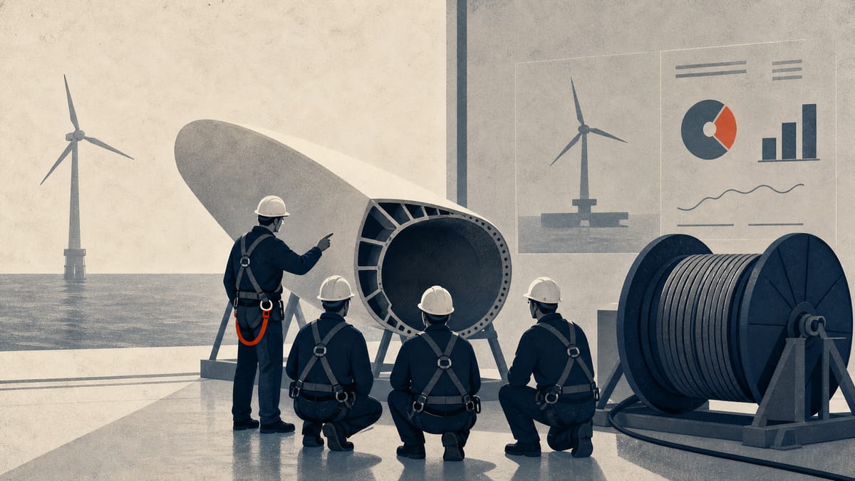 Illustration of an offshore wind training workshop with safety gear, turbine parts and trainees.