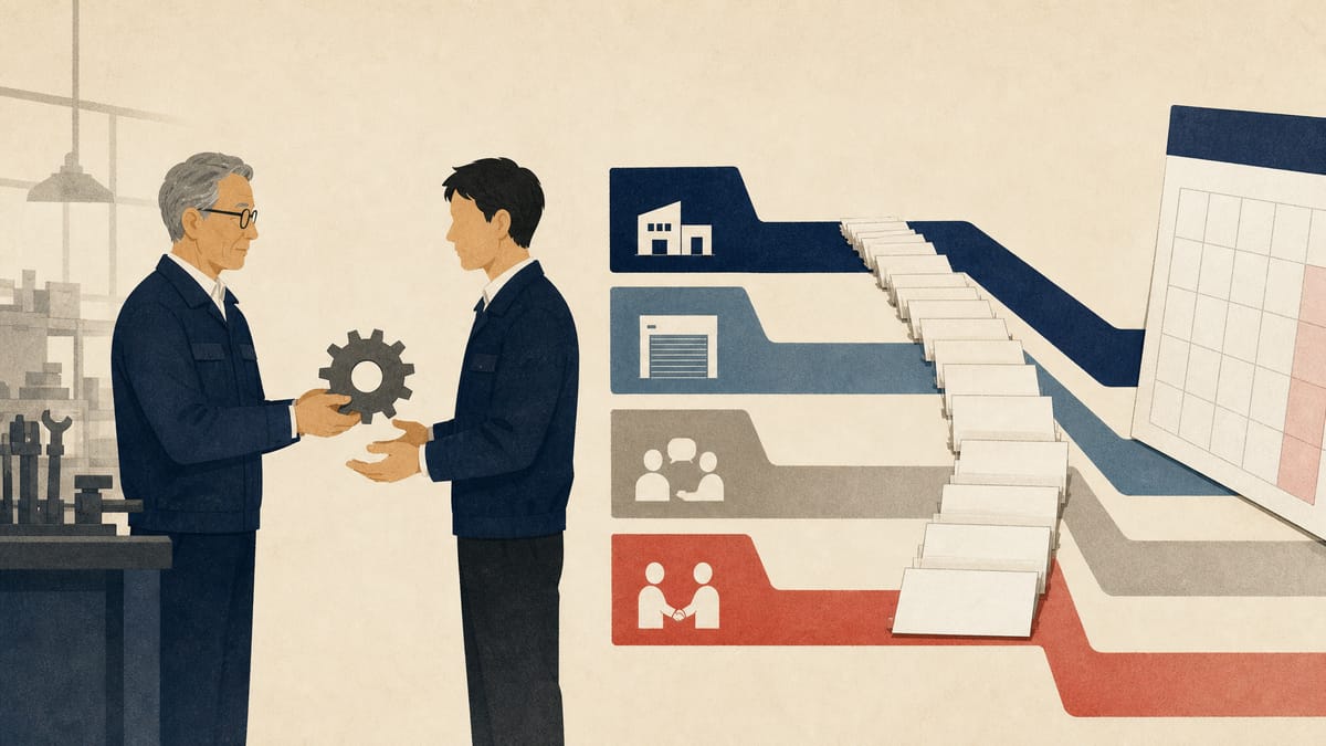 Editorial illustration of a small-business succession workflow with multiple subsidy tracks and a deadline queue.