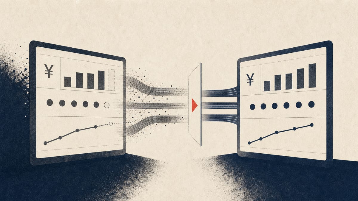 Editorial illustration of synchronized financial dashboards with corrected profit, dividend and forecast figures.