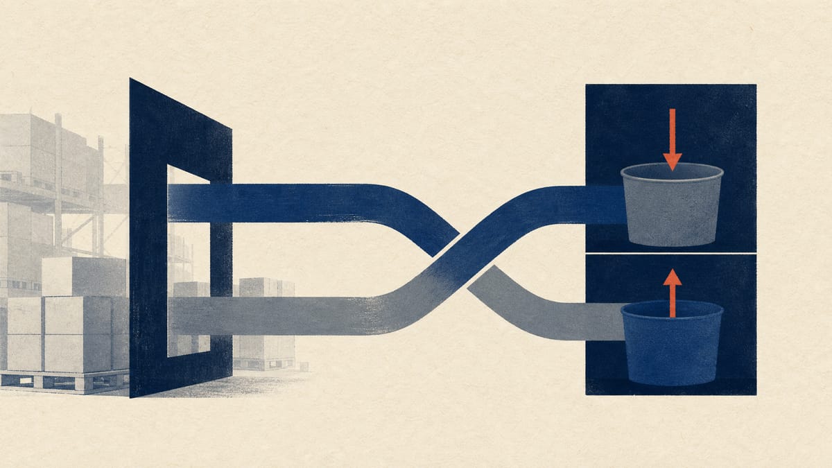 Abstract editorial illustration of operating and financing cash-flow streams being reclassified on a ledger-like grid, with warehouse cartons in the background.