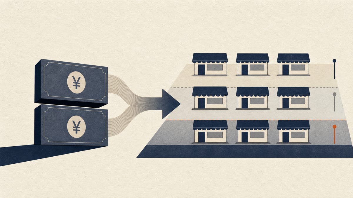 Abstract illustration of two warrant tranches funding restaurant expansion, with price floors shown as layered bands.