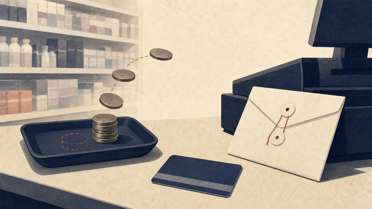 Editorial illustration of a drugstore checkout with a loyalty card, removed coins, and a cash tender envelope.
