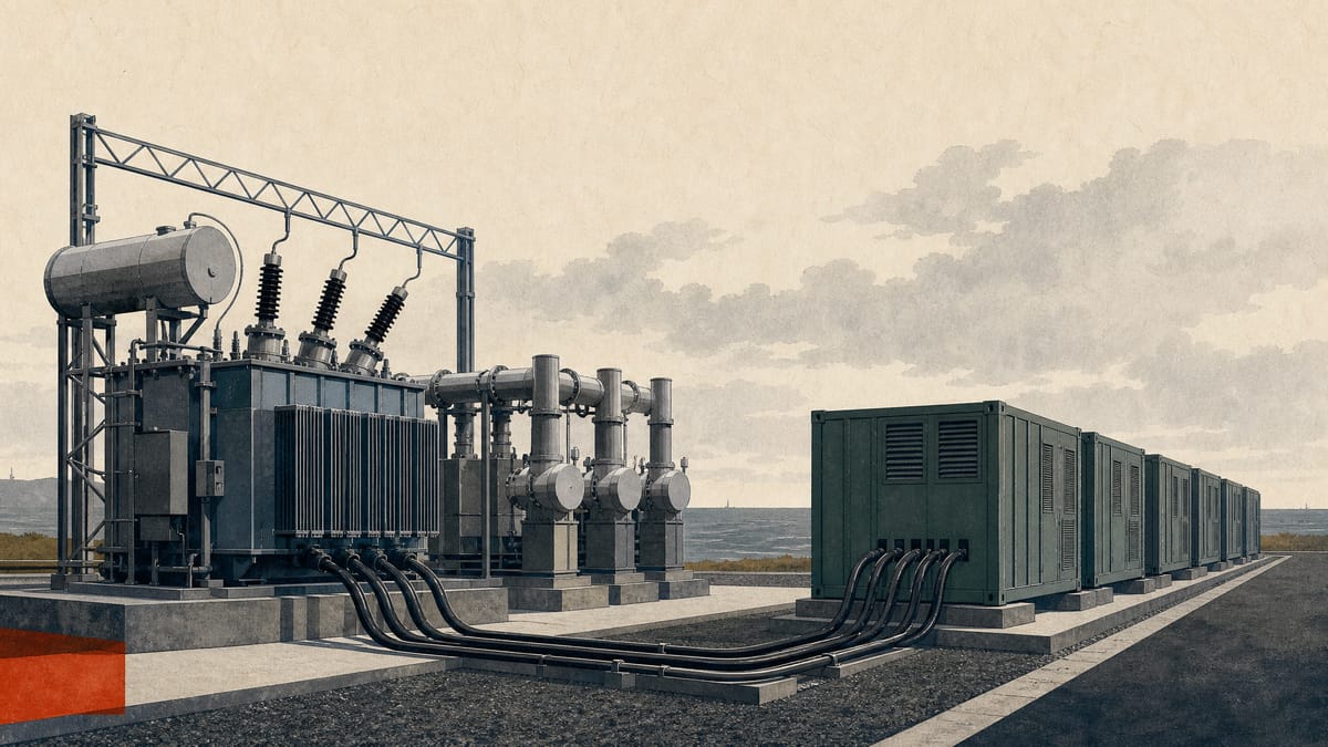 Editorial illustration of high-voltage substation equipment beside modular data-center units at an industrial site.