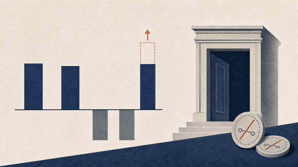 Editorial illustration of an earnings chart where only the net income bar rises beside abstract legal symbols.
