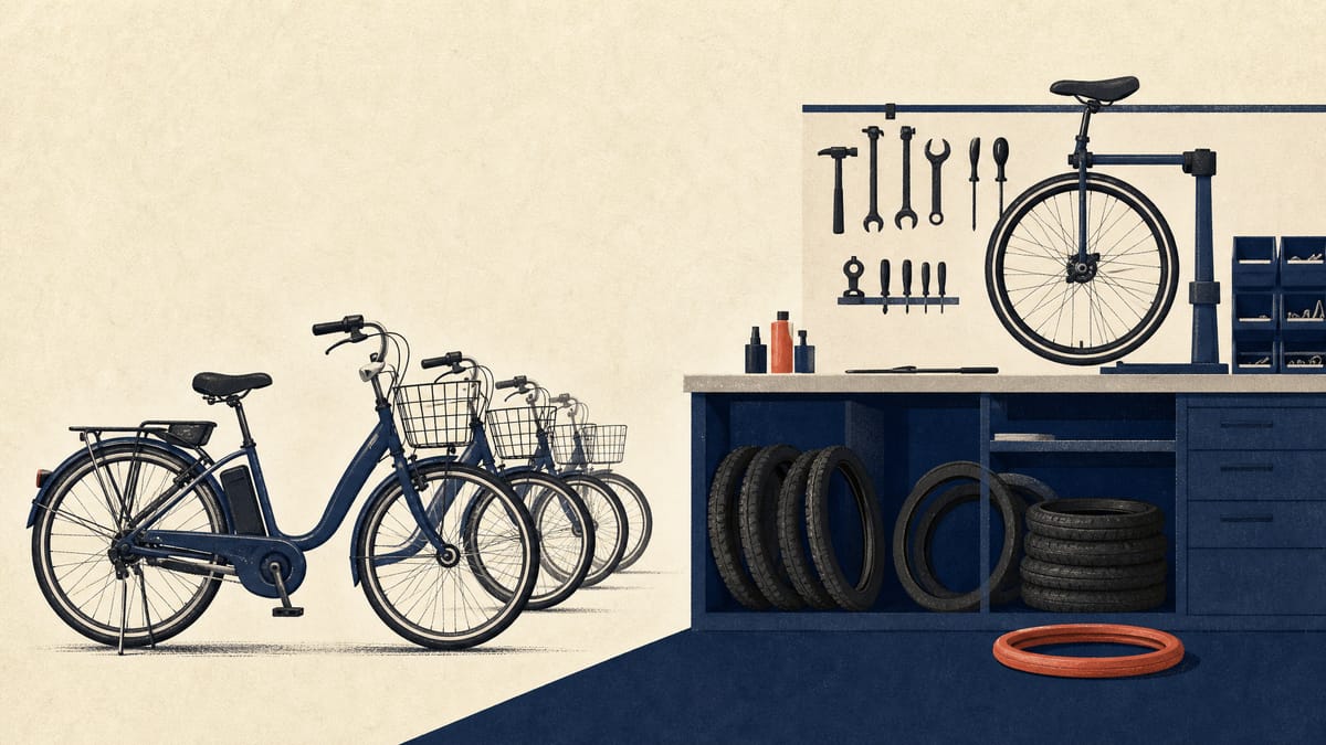 Electric-assist bicycles and a repair bench inside a clean retail workshop.