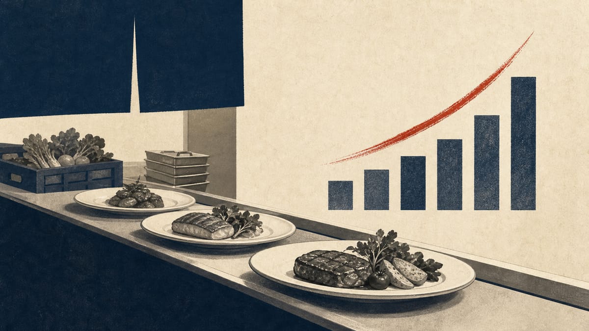 Editorial illustration of a restaurant kitchen service line with abstract rising revenue bars.