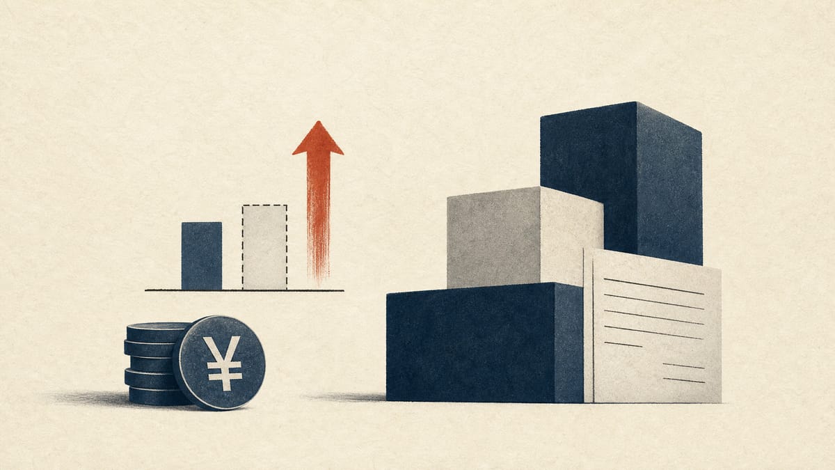 Editorial illustration of flat revenue bars beside a rising profit arrow and asset blocks.
