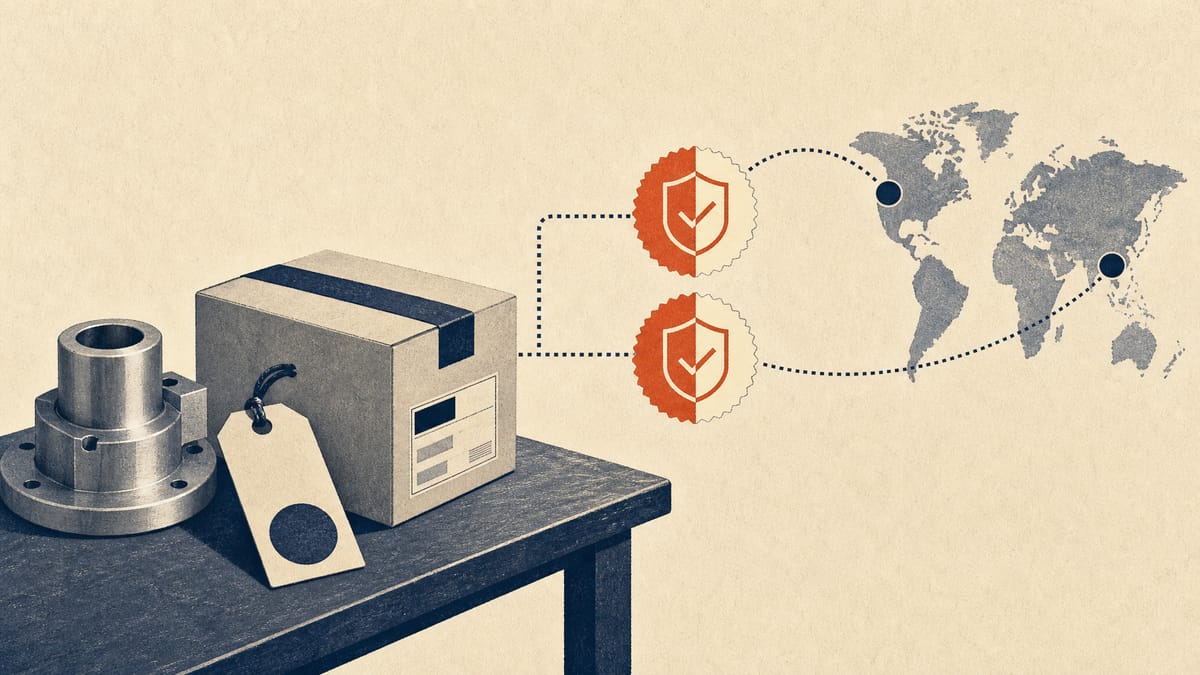 Editorial illustration of export samples and patent-protection symbols showing shared overseas filing costs for a small business.