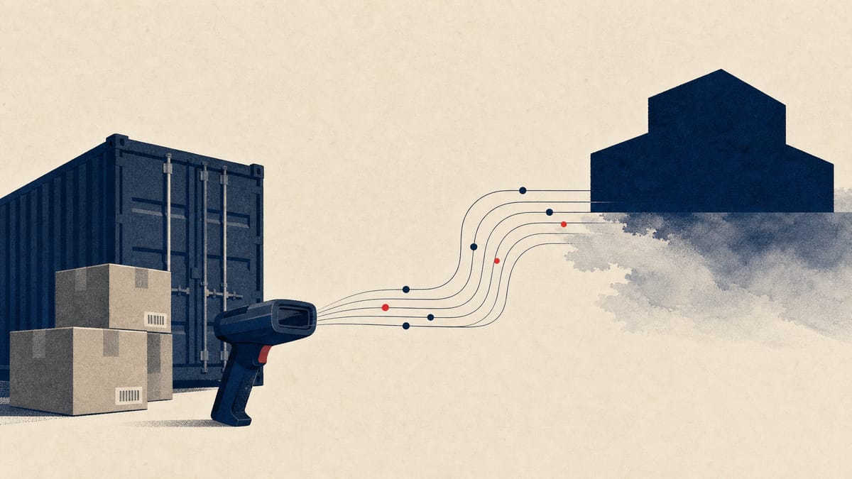 Illustration of cargo containers and digital data links connecting company systems with trade platforms.