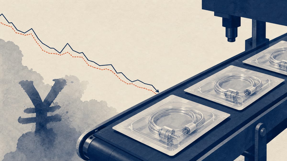 Editorial illustration of a precision manufacturing line with packaged sterile components and a subdued downward financial chart motif.