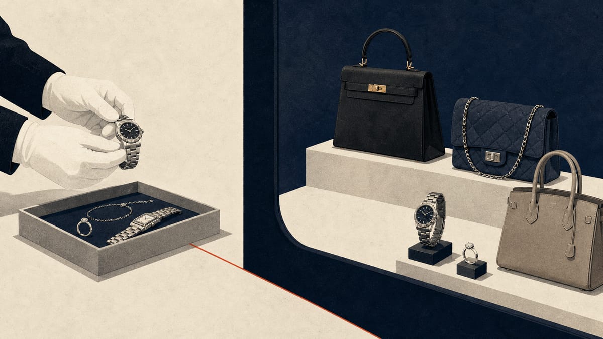 Luxury resale goods including handbags, watches and jewelry arranged in a retail-style display with intake trays in the background.