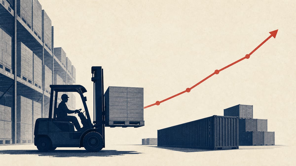 Editorial illustration of warehouse cargo movement and a rising logistics performance line.