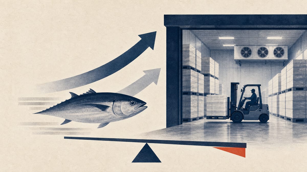 Editorial illustration of a cold-storage seafood warehouse with pallets and a forklift, suggesting higher sales and softer earnings.