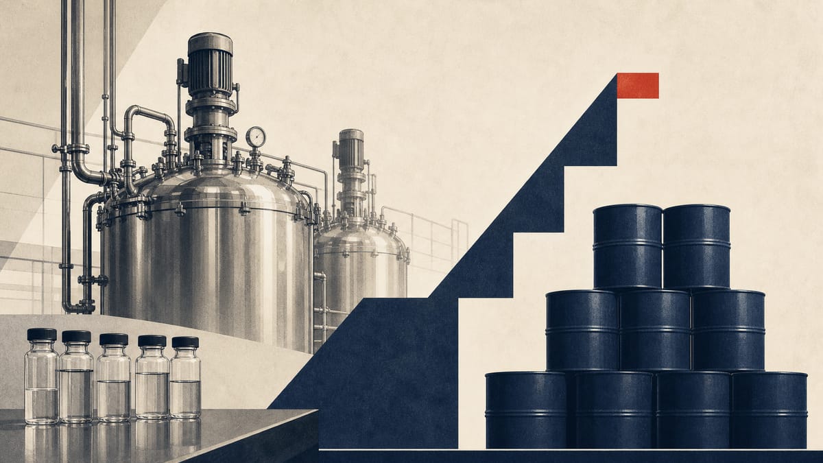 Editorial illustration of stainless chemical tanks and sample containers with an abstract balance-sheet motif.