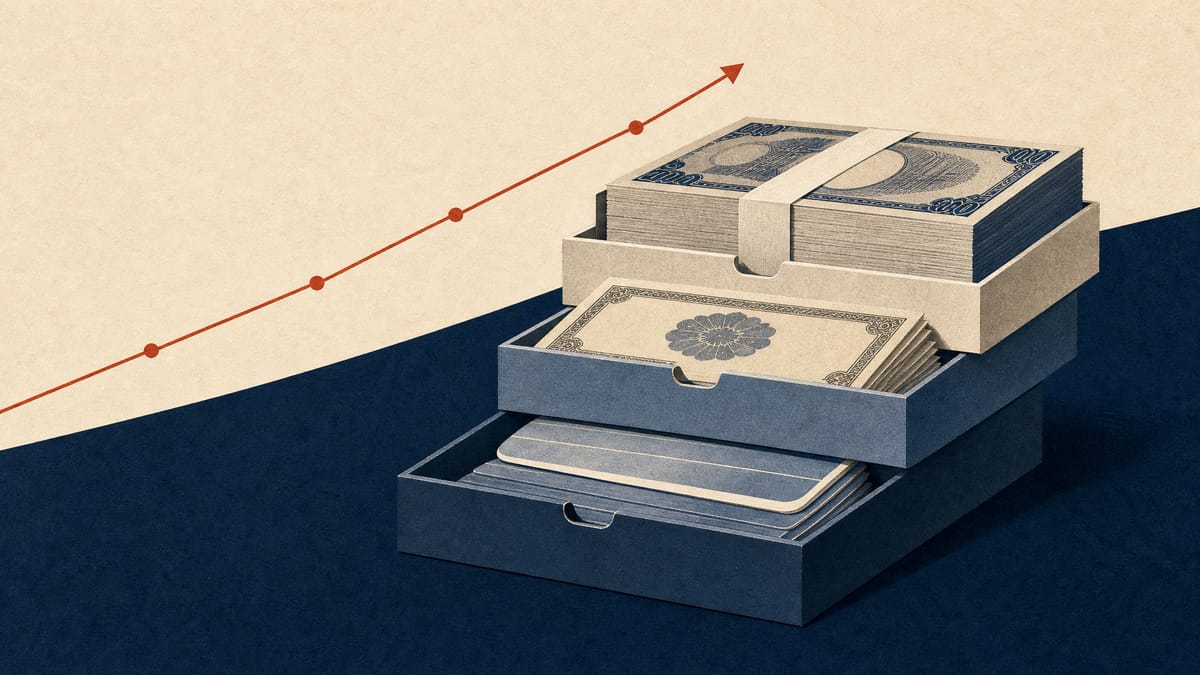 Editorial illustration of banking assets and earnings, with yen cash trays and bond certificates arranged in rising layers.