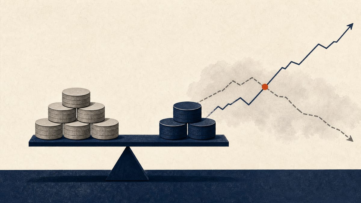 Editorial illustration of stock and cash award tokens beside benchmark performance lines