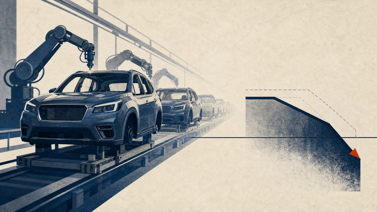 Illustration of SUVs moving through an auto assembly line with visual cues of strong output and weaker profit.