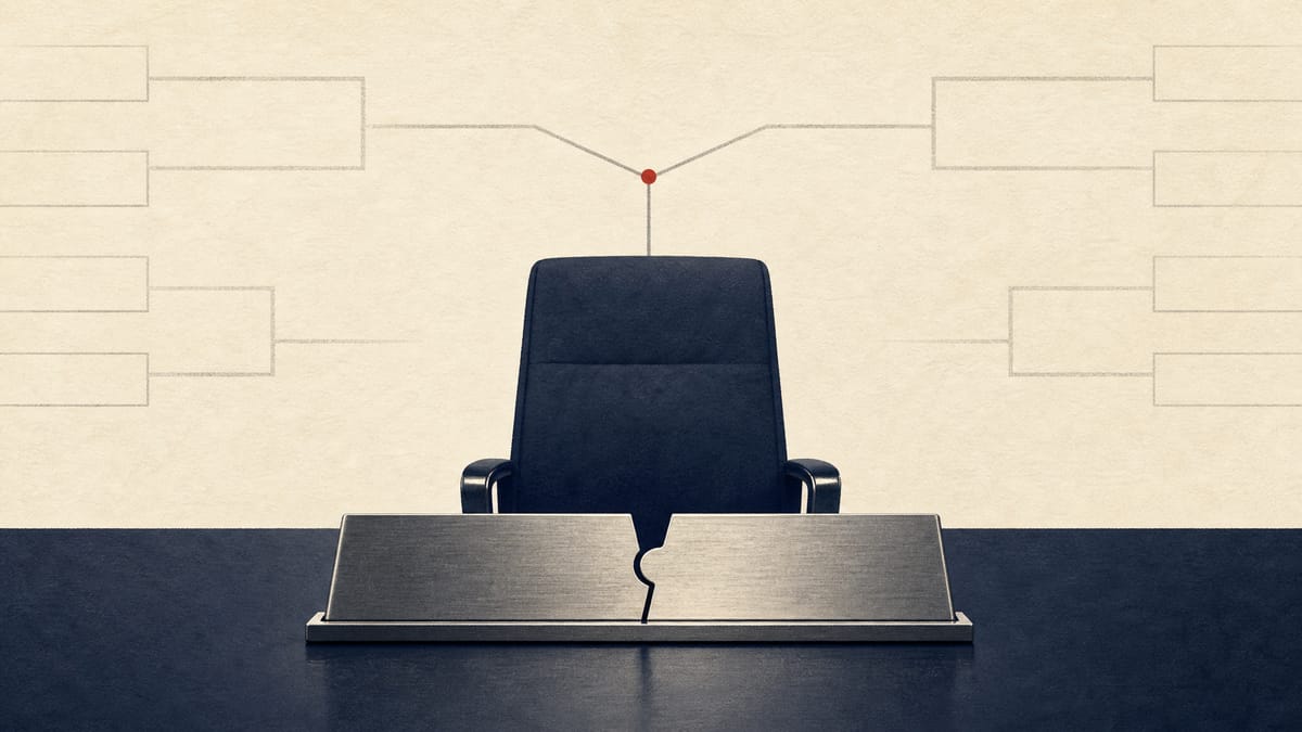 Editorial illustration of executive nameplates merging into one chair position to suggest combined board chair and chief executive roles.