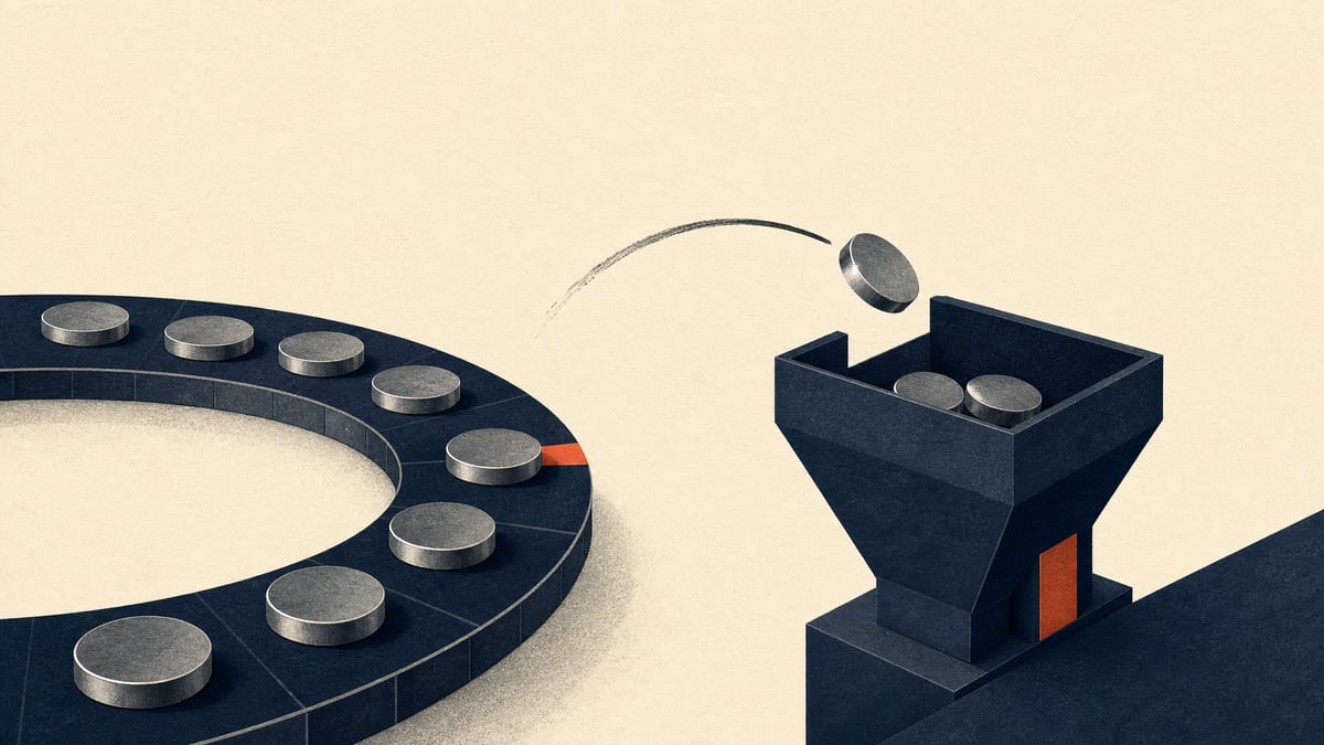 Editorial illustration of share tokens being pulled from a market track into a company treasury hopper to represent a share buyback.