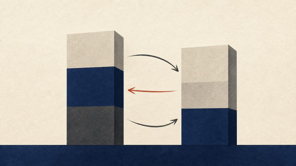 Abstract illustration of balance-sheet blocks moving between equity accounts.