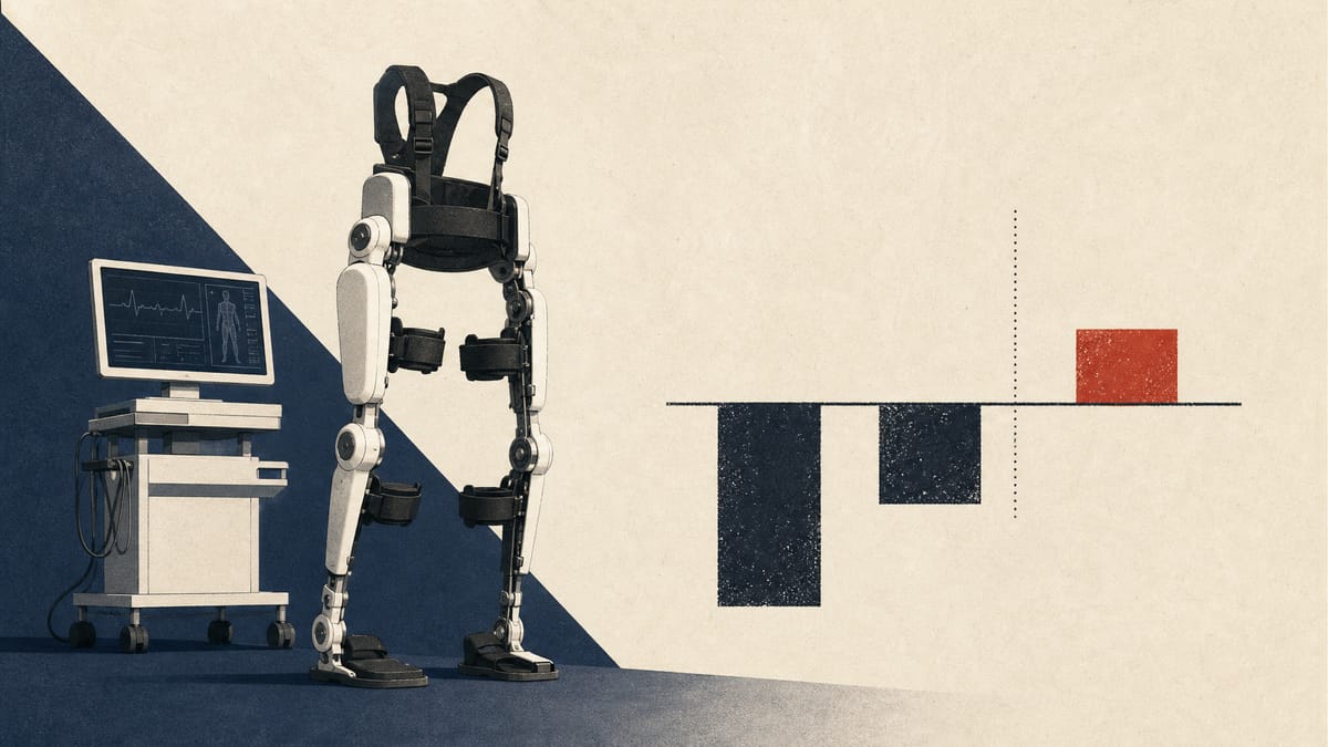Editorial illustration of a rehabilitation robot frame beside abstract charts showing lower revenue, a smaller operating loss and a return to profit.