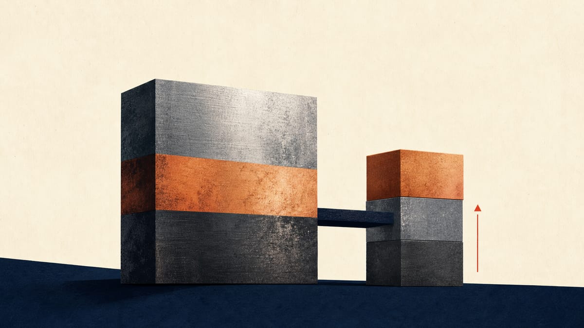 Editorial illustration of abstract balance-sheet blocks over industrial metal textures.